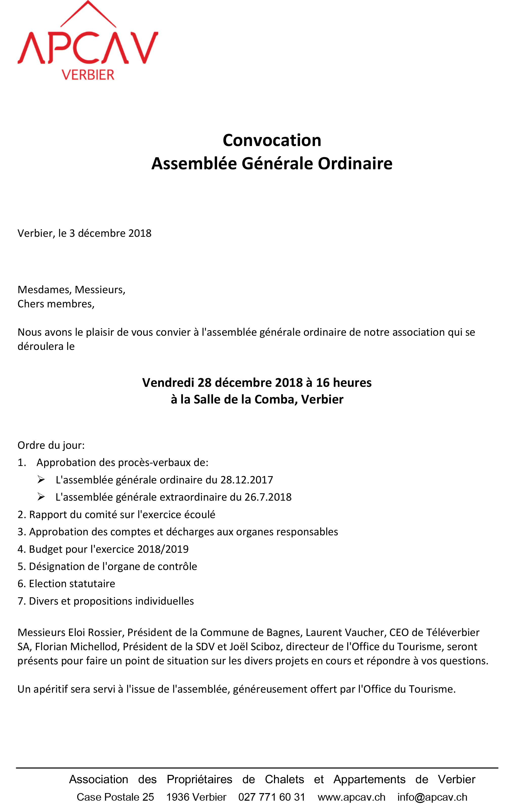 Convocation Assemblée Générale Ordinaire APCAV